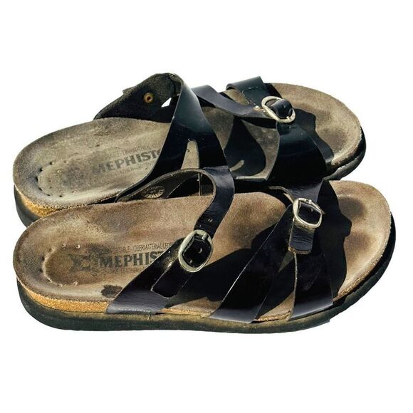 Mephisto Womens Sandals Cork Footbed Double Strap Buckle Slip On Black Size 37 / - Picture 2 of 5